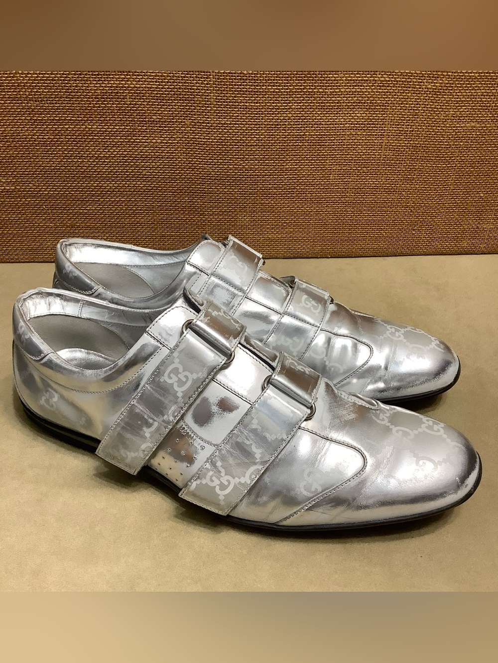 Gucci Metallic Silver Velcro Monogram Sneakers Size 45